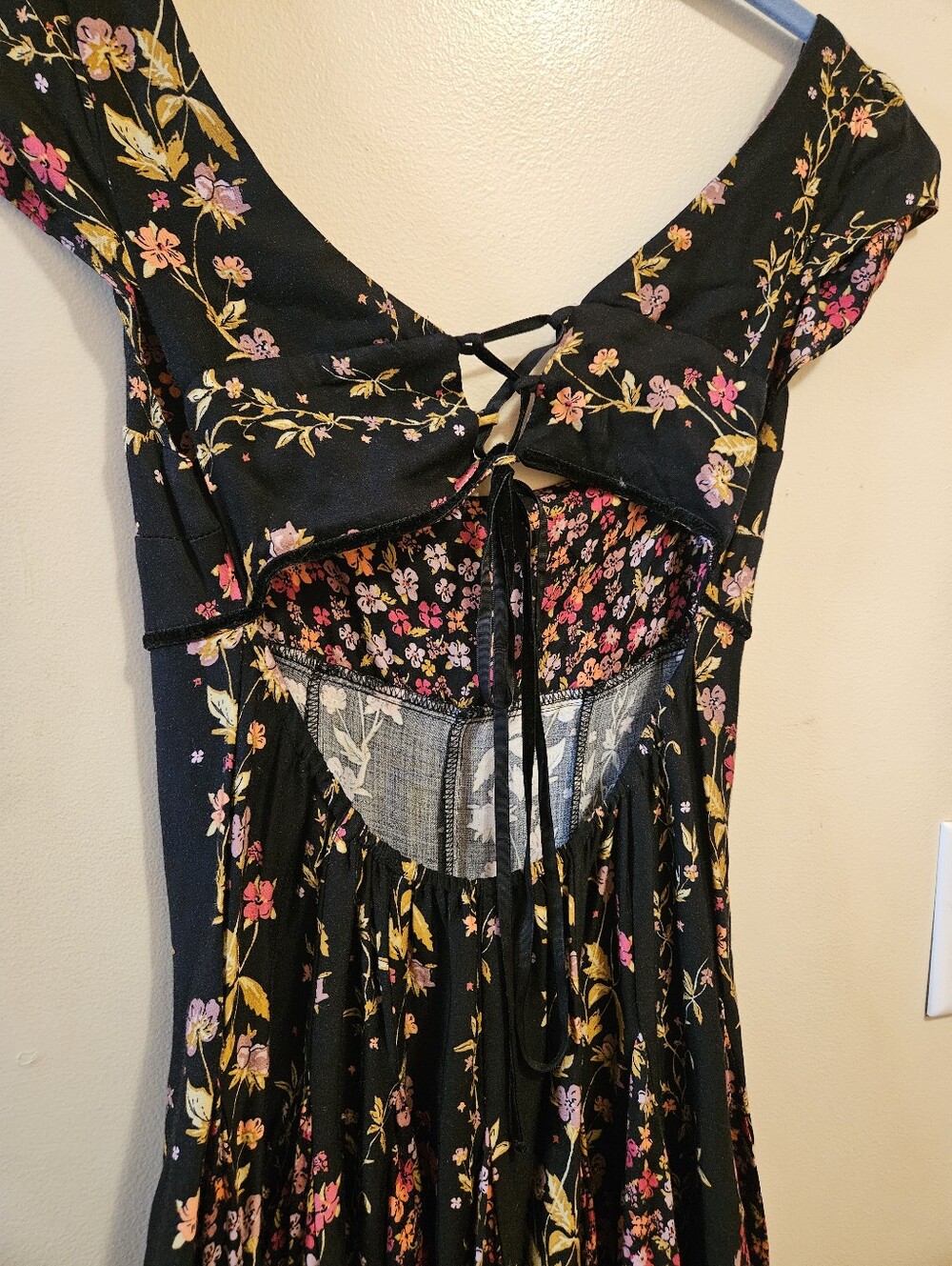 Free People Black Floral Fit & Flare Mini Dress | XS | Boho Cottagecore Fairycor - Picture 10 of 16